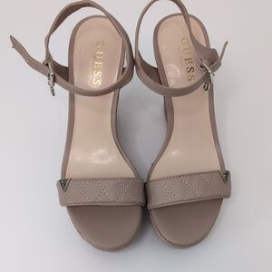 GUESS Taupe Quilted Ankle-Strap Heel Wedge Sandals